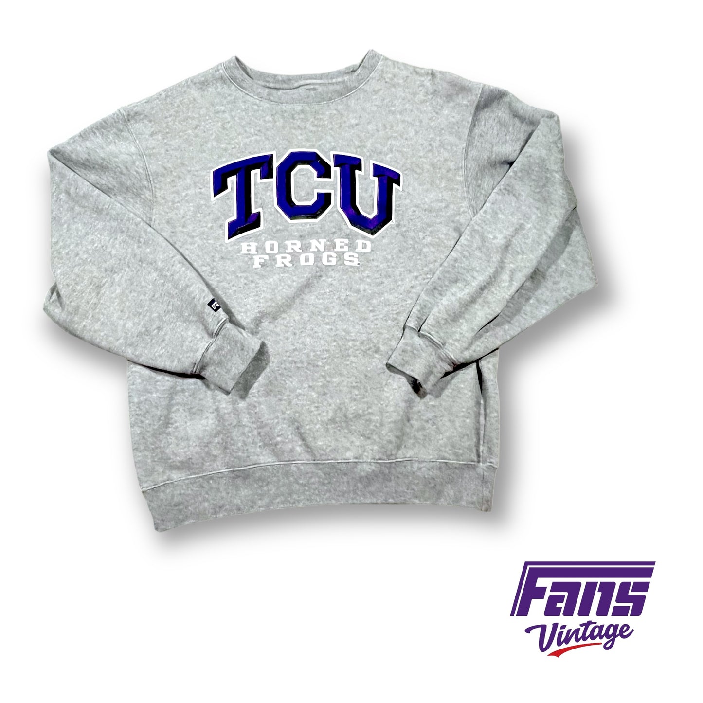 SICK Vintage TCU Crewneck Sweater with two tone shadowed jersey style satin stitch lettering!