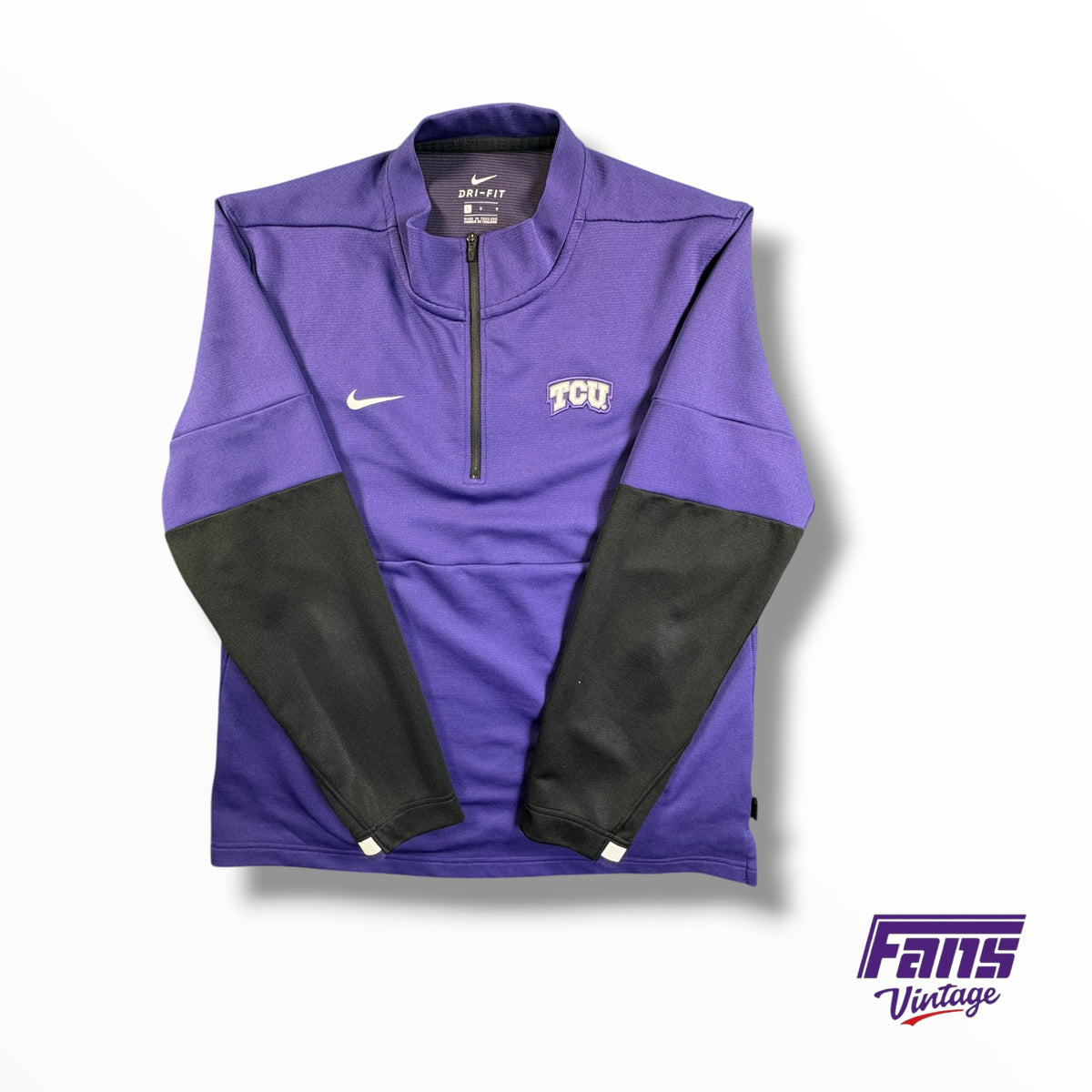 TCU DriFit ‘Fear the Frog’ Quarter Zip Pullover with Black and Purple Sleeves