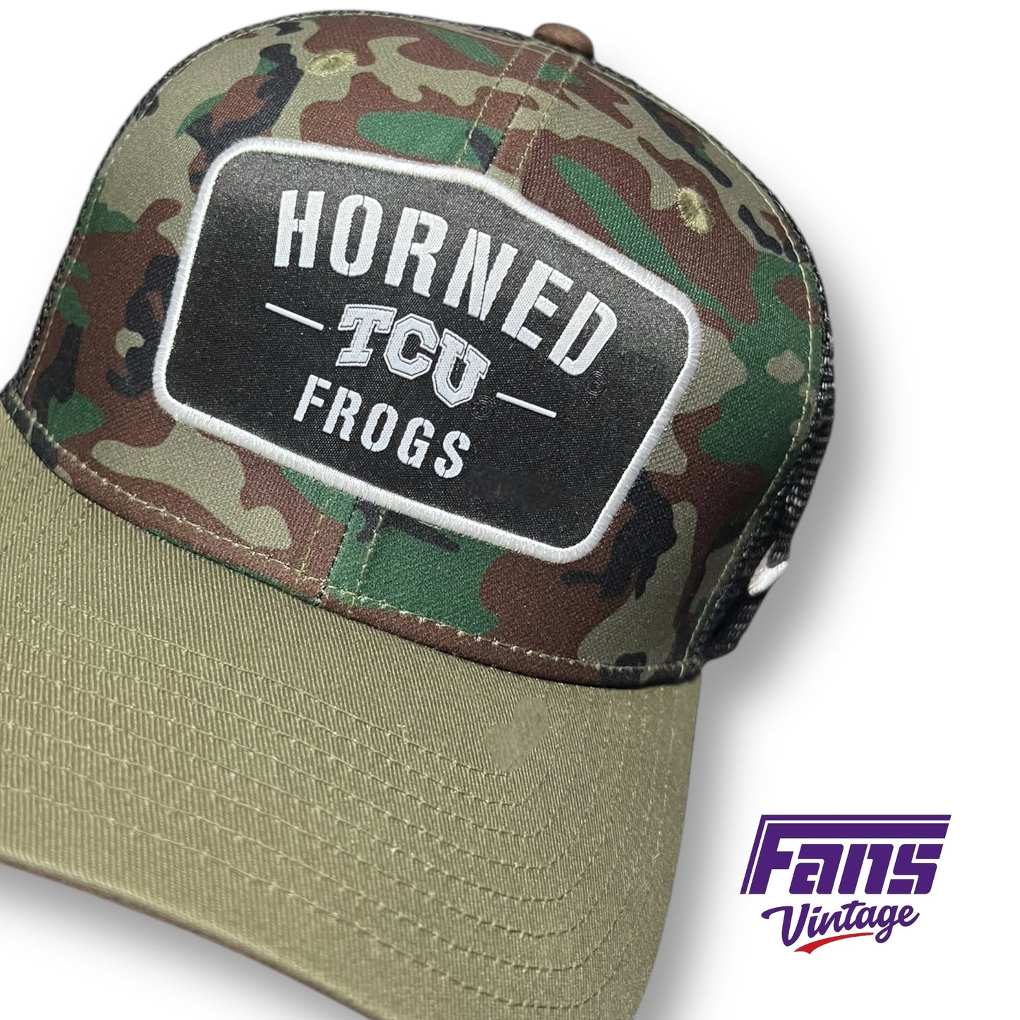 TCU Horned Frogs Salute to Service Camo Trucker hat with USA Flag Patch