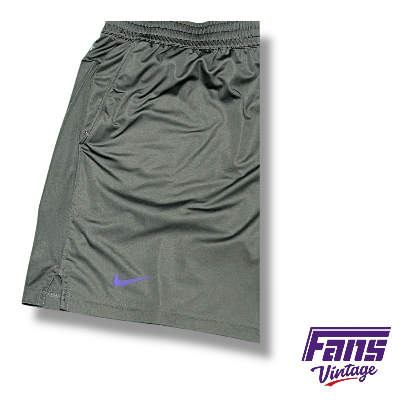 TCU team issued grey and purple Nike drifit training shorts