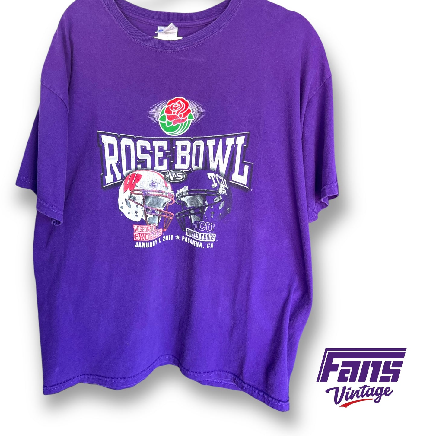 Rare graphic! Vintage TCU Football Rose Bowl Tee vs Wisconsin Badgers - Helmet Face Off Design - Distressed