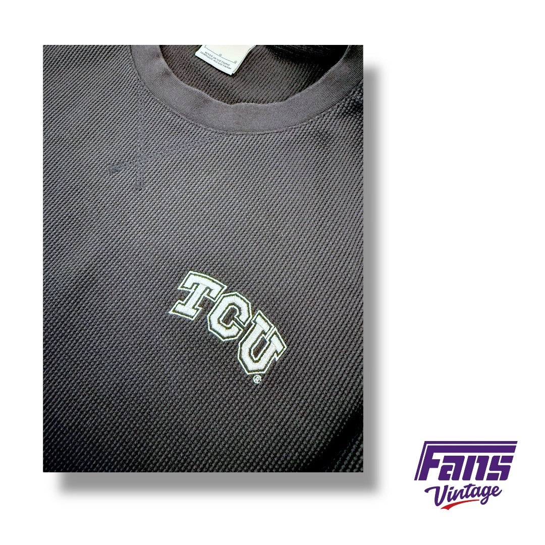 TCU Team Issued Anthracite Gray Heavyweight Waffle Weave Premium Long Sleeve Pullover with Embroidered Logos