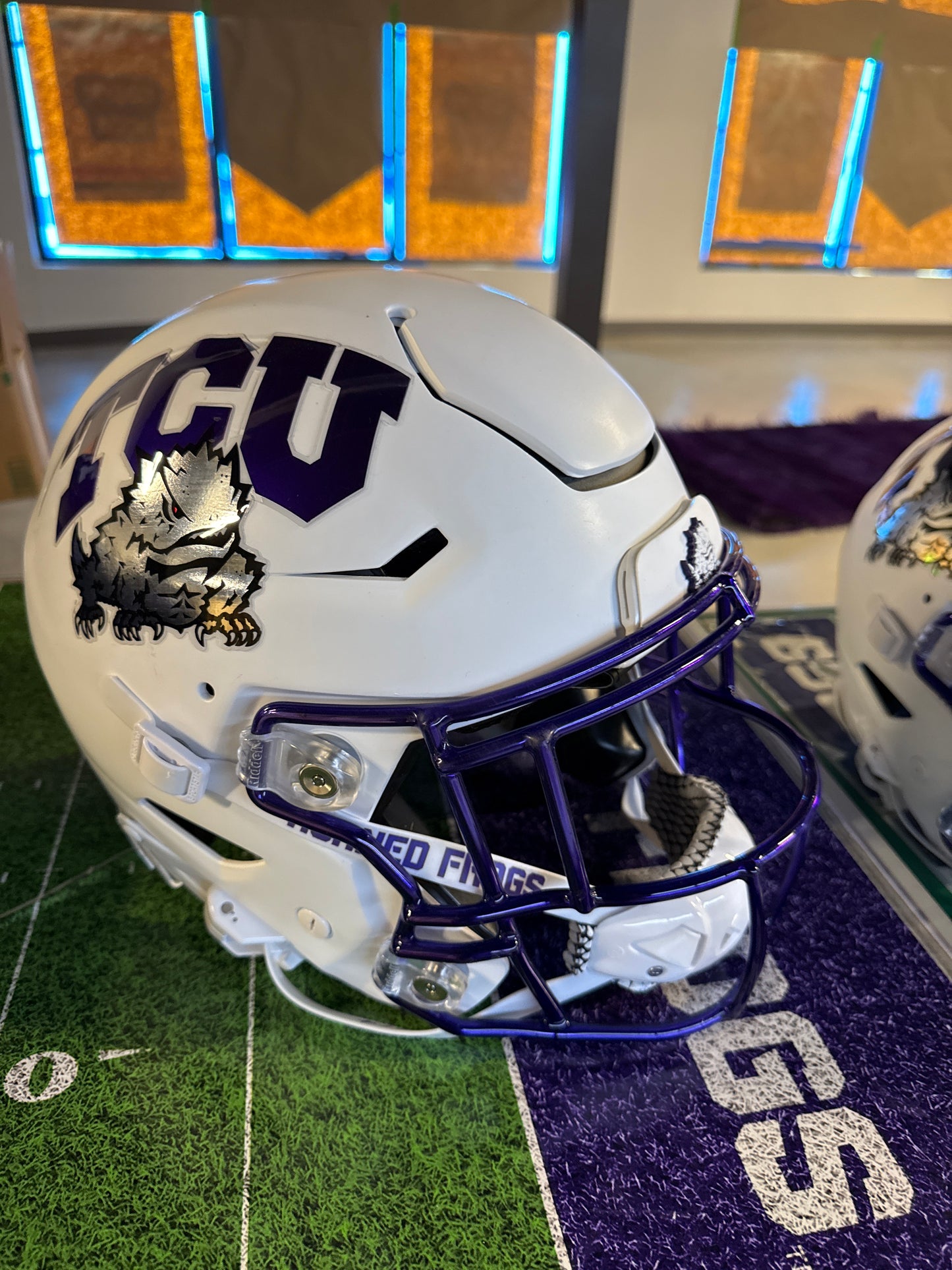 TCU Football Game Worn Authentic White Matte Helmet with Purple Chrome Mask - Last SMU Game Helmet!
