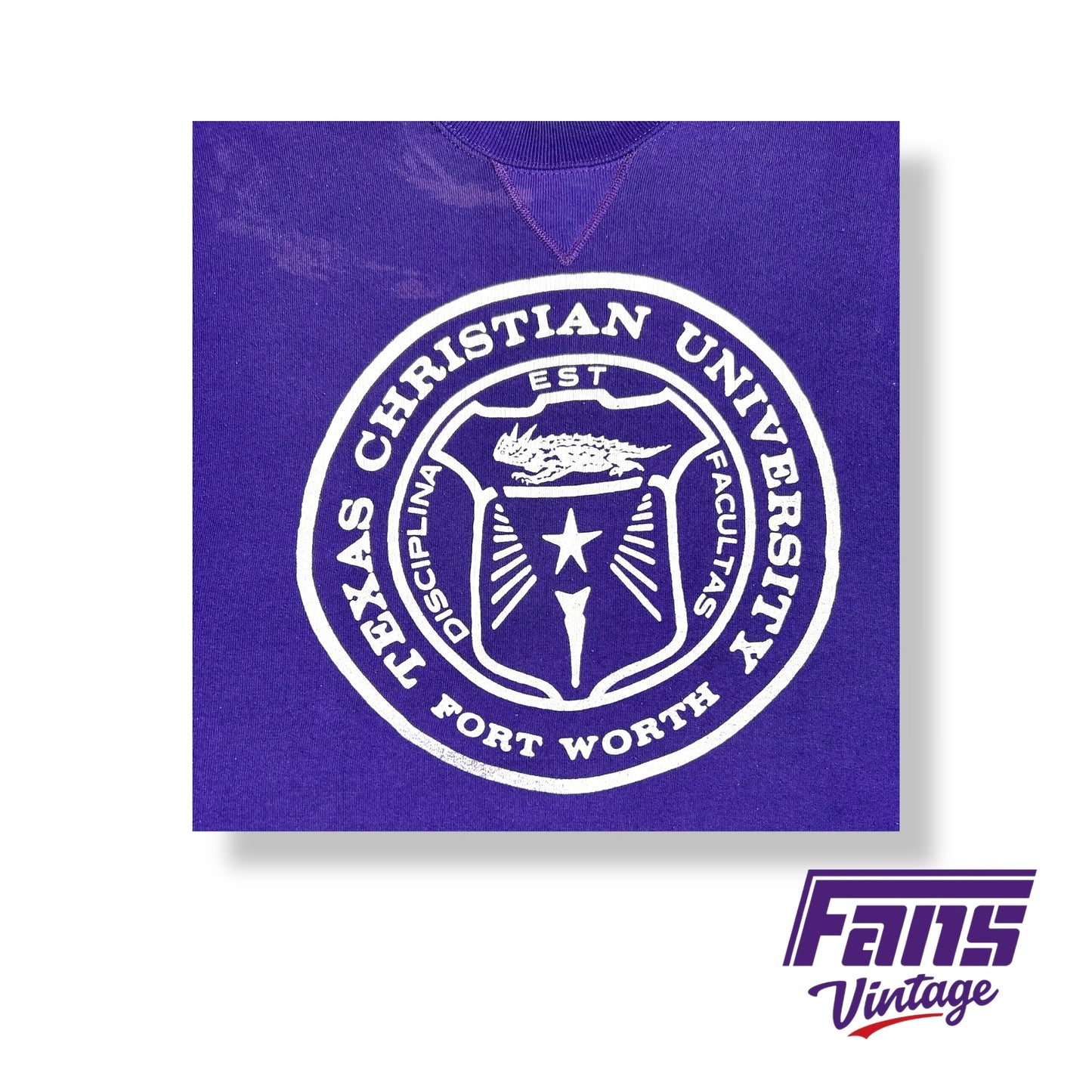 RARE - Vintage TCU crewneck sweater with oversized school seal “banned” retail logo graphic