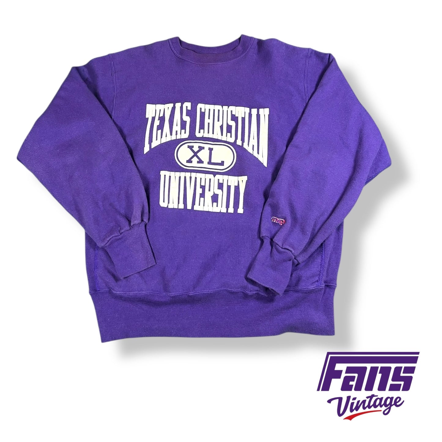 Vintage TCU crewneck sweater with oversized graphic and reverse weave construction