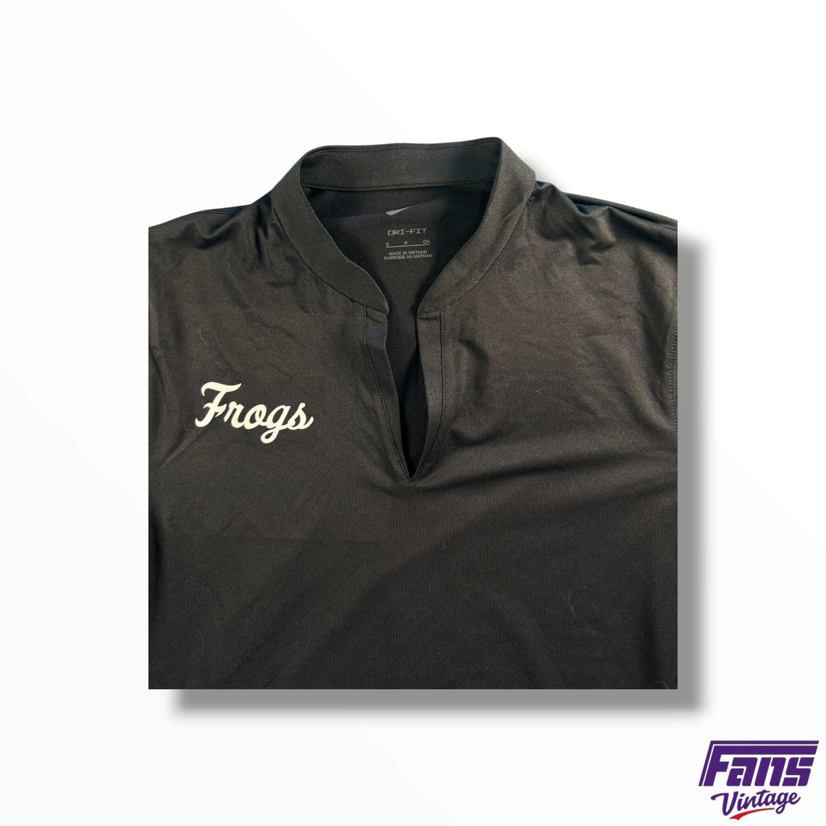 TCU Team Issued Nike Women’s Split Collar Drifit Polo with Throwback ‘Frogs’ Script Logo