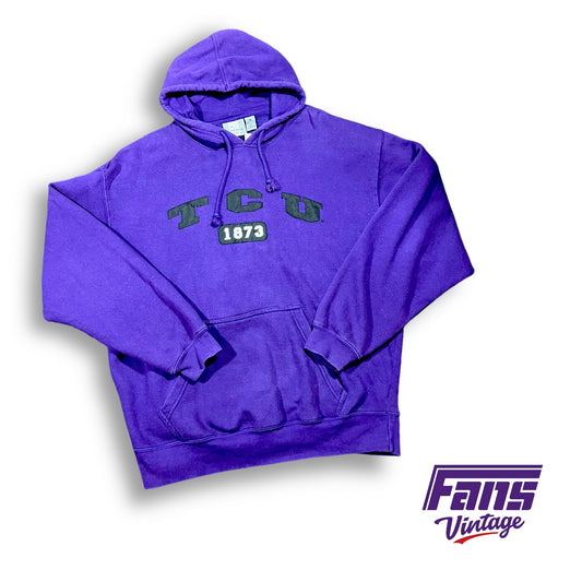 Y2K Vintage TCU Hoodie with black satin stitched lettering and 1873 patch - buttery soft and ultra cozy!