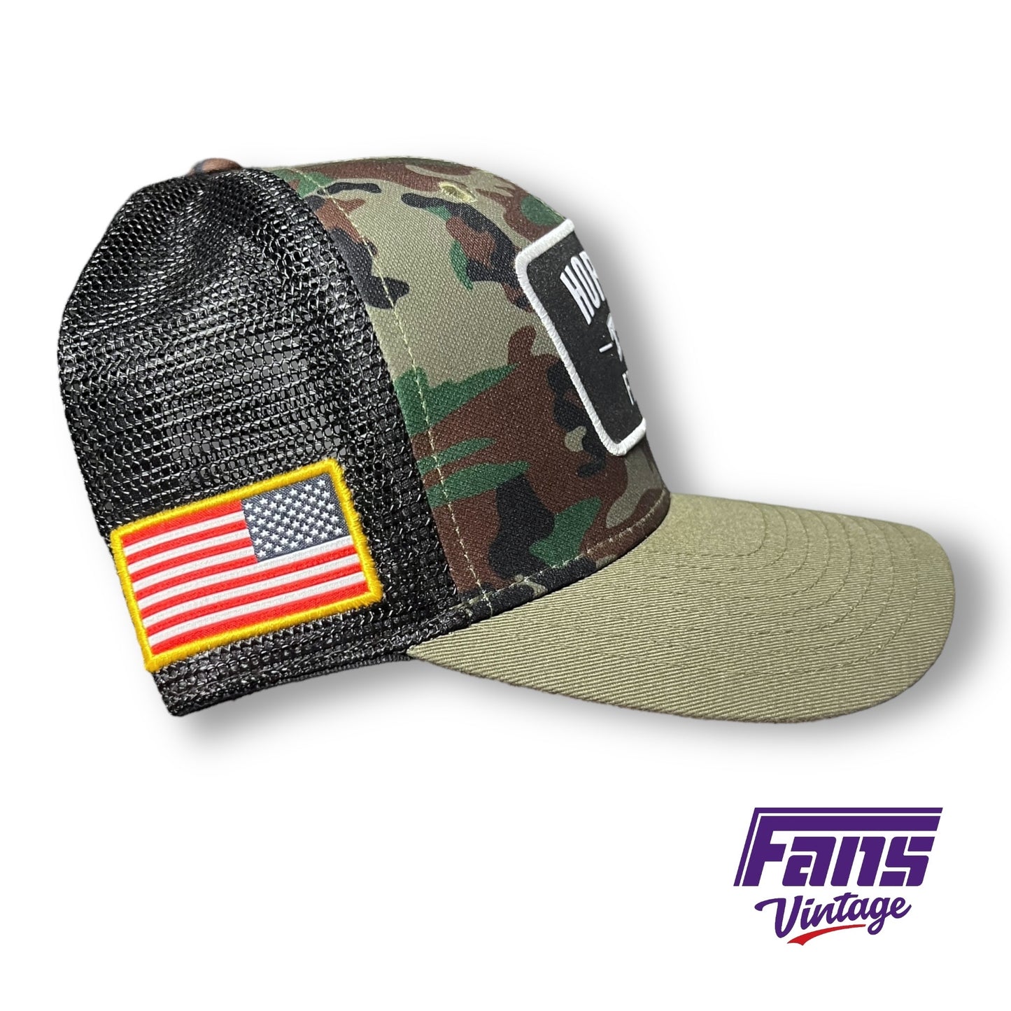 TCU Horned Frogs Salute to Service Camo Trucker hat with USA Flag Patch