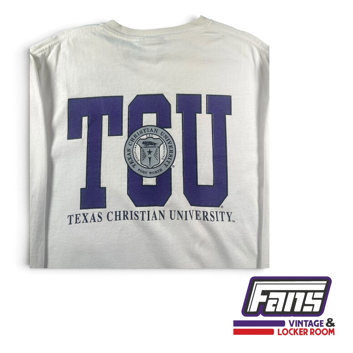Vintage TCU White Long Sleeve T-Shirt with 1873 University Seal Logo