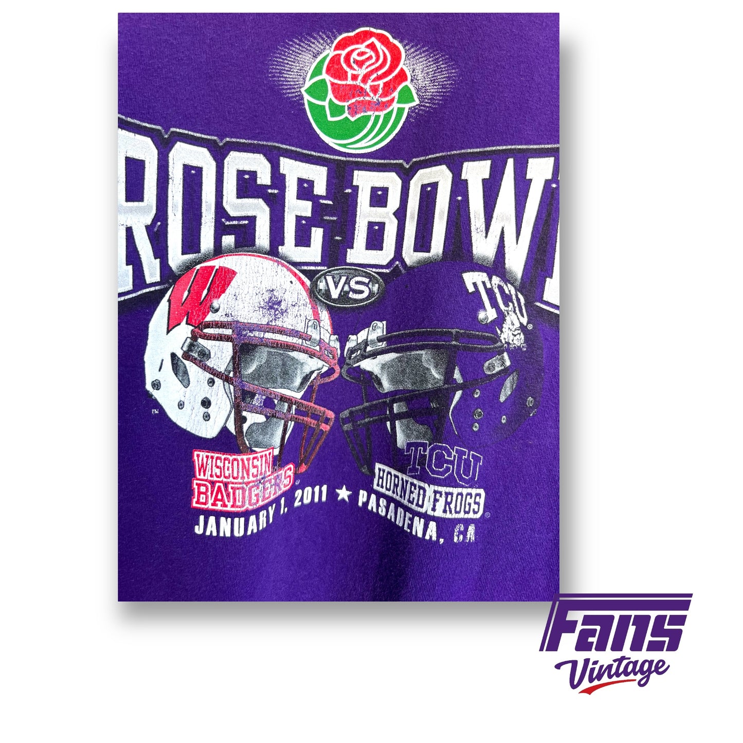 Rare graphic! Vintage TCU Football Rose Bowl Tee vs Wisconsin Badgers - Helmet Face Off Design - Distressed