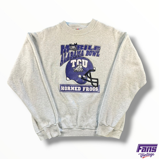 Vintage TCU Mobile Alabama Bowl 1999 Football Helmet Graphic Crewneck Pullover