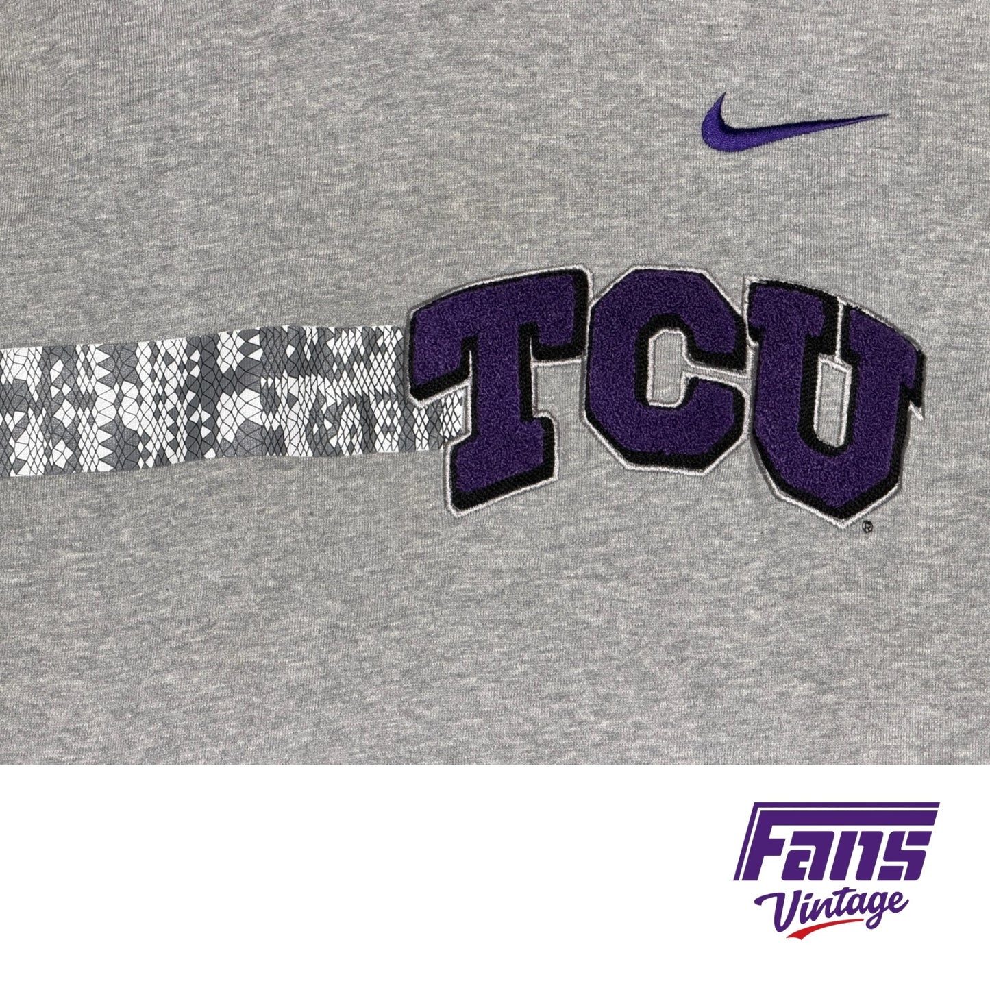 Sick TCU Vintage Y2K Era Nike Team Issue Hoodie with Frogskin Stripe and Raised Chenille Stitch TCU Patch Logo