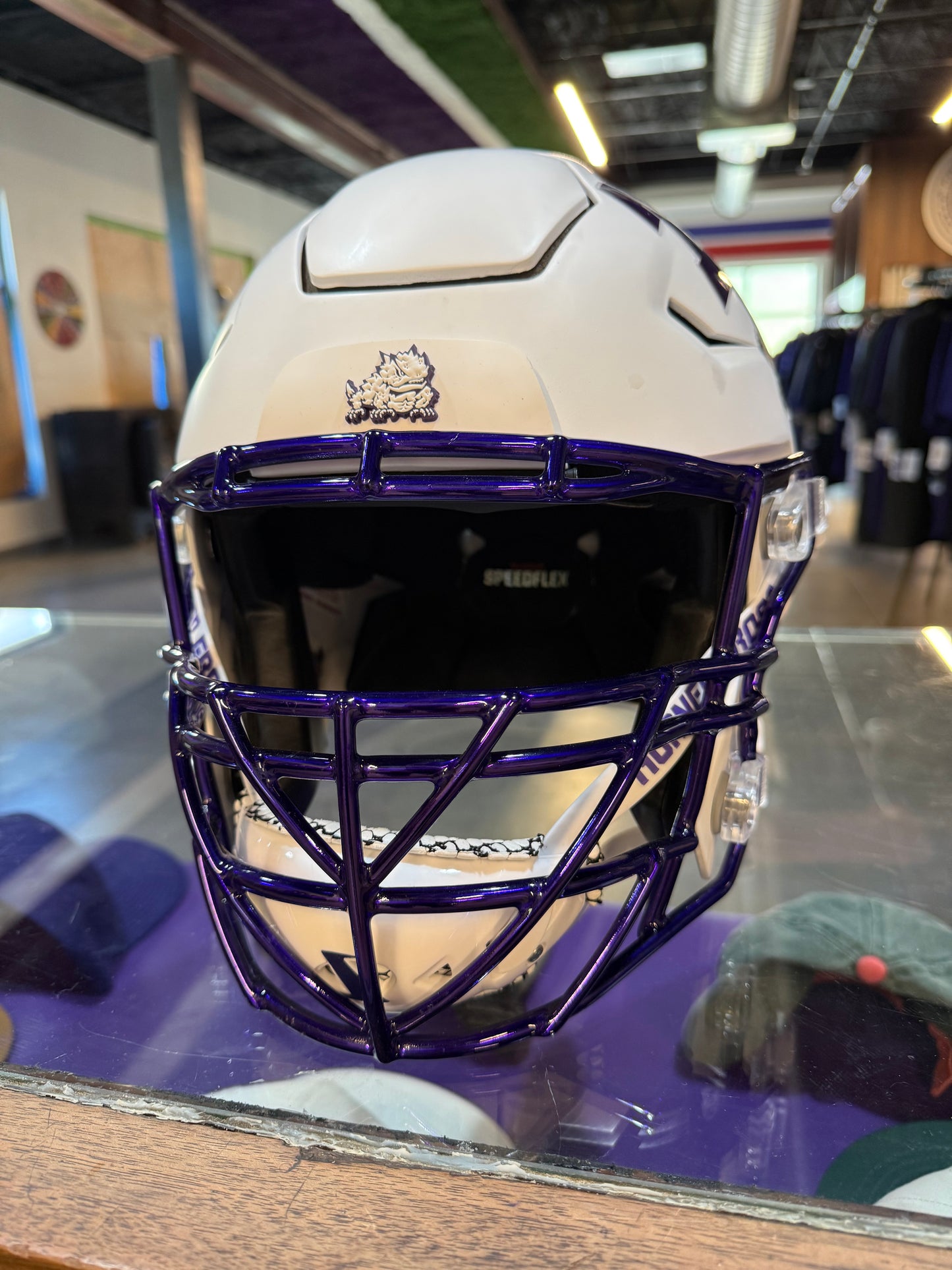 TCU Football Game Worn Authentic White Matte Helmet with Purple Chrome Mask - Last SMU Game Helmet!