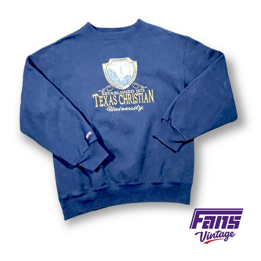 RAD - Ultra Rare Vintage TCU Crewneck Sweater in Navy Blue with gorgeous suede patch featuring Robert Carr Chapel