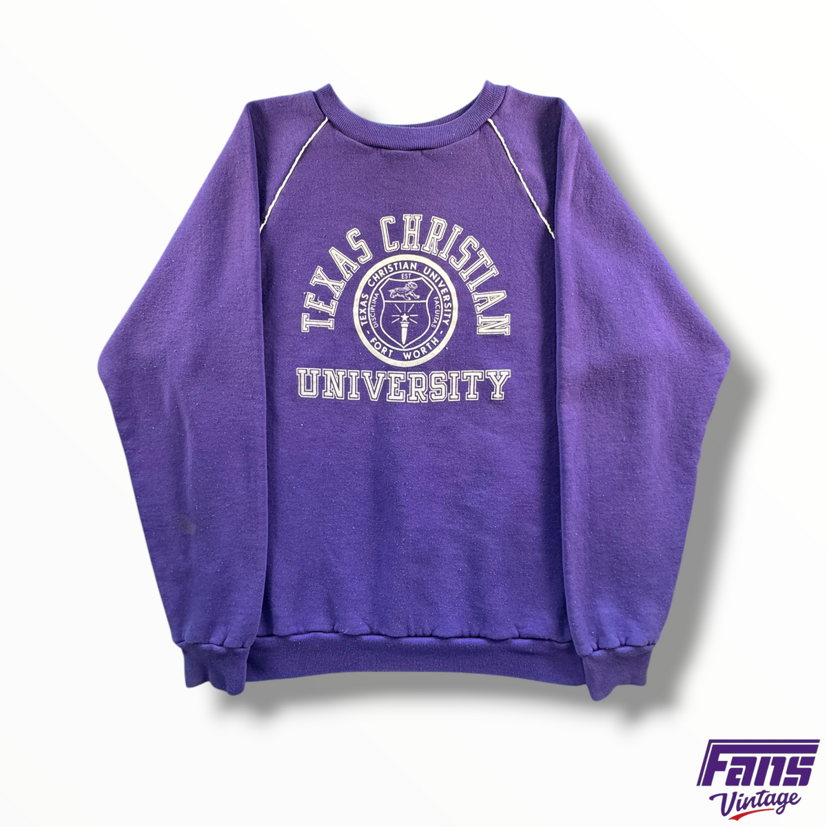 RARE  70s-80s Vintage TCU Purple Raglan Sweater With School Seal Logo