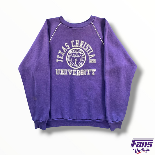 RARE  70s-80s Vintage TCU Purple Raglan Sweater With School Seal Logo