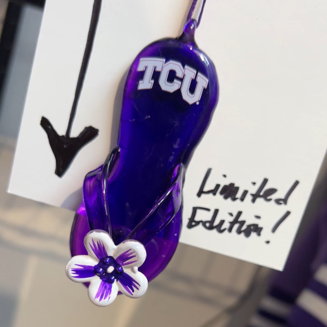 Limited Edition Early 2000s Hand Blown Glass TCU Ornament - Hibiscus Flip Flop