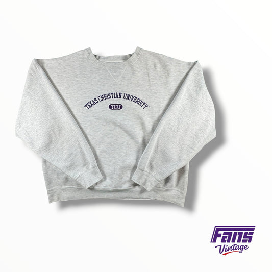 Vintage 90s TCU Arched Spellout ‘Texas Christian University’ Crewneck Sweater