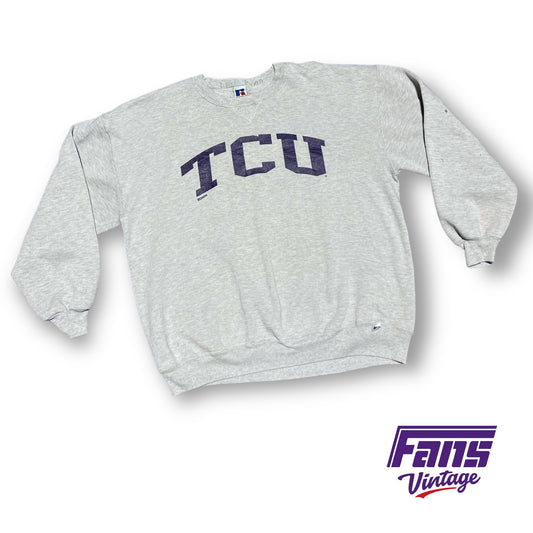 90s Vintage TCU Crewneck - Heather Gray with throwback arched logo