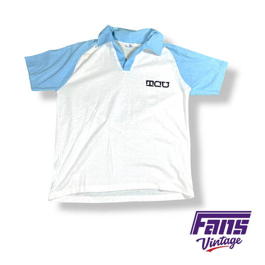Vintage 1970s TCU Polo with Centennial Logo - Unique Groovy Look and baby blue colorway!