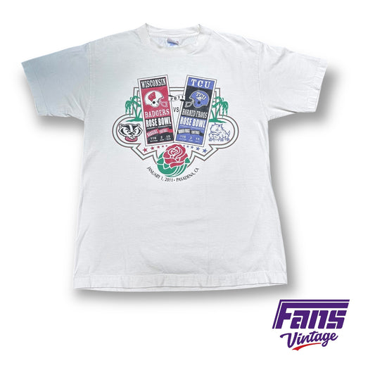 RARE TCU ROSE BOWL PRINT! Sick double sided vintage shirt with Ticket stub TCU vs Wisconsin Face Off Graphic