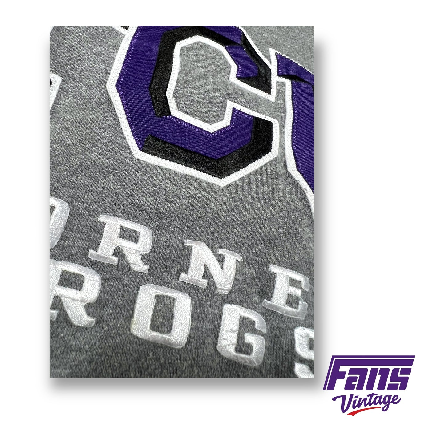 SICK Vintage TCU Crewneck Sweater with two tone shadowed jersey style satin stitch lettering!