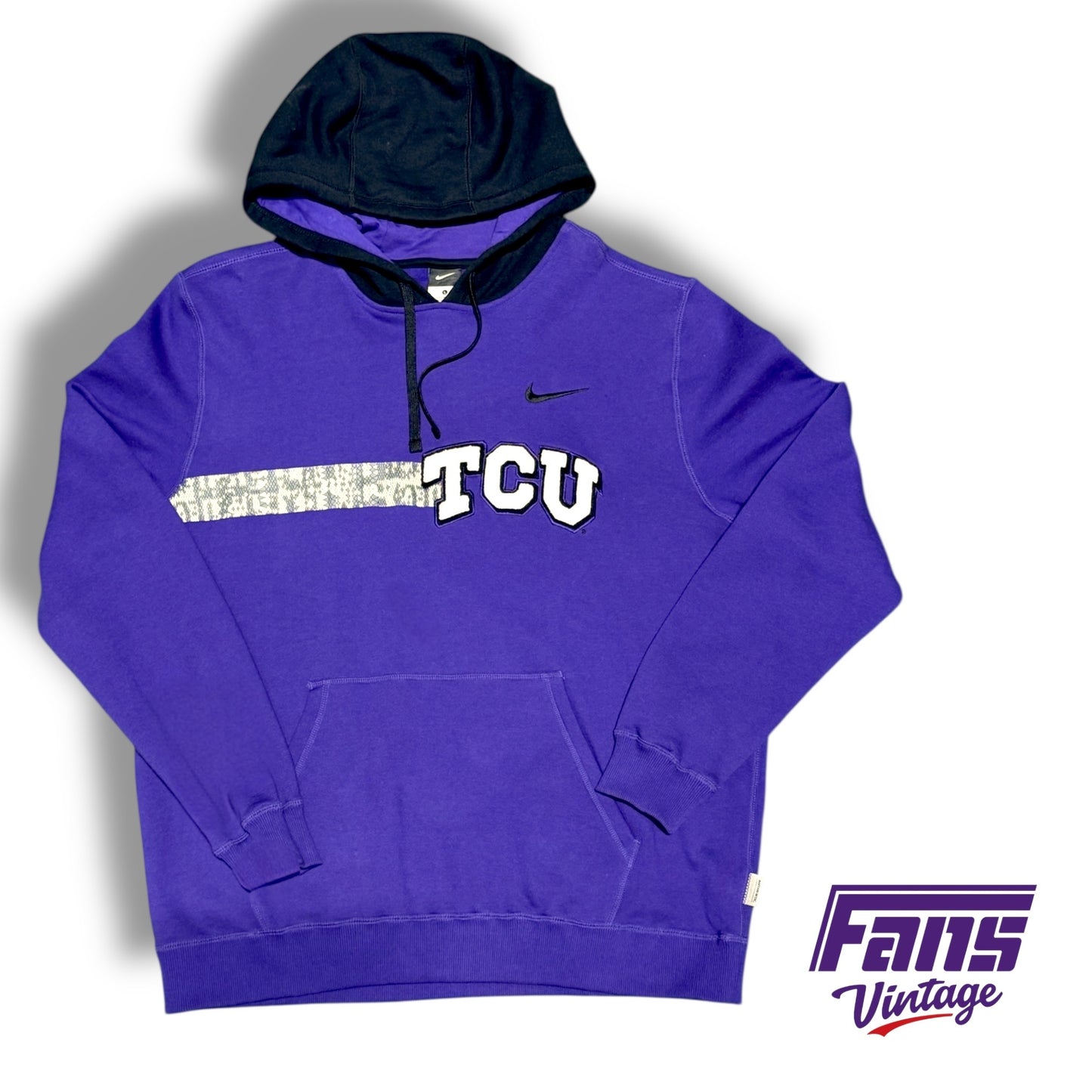 Sick Y2K Vintage Nike Team Issue Hoodie with Frogskin Stripe and Raised Chenille Stitch TCU Patch Logo