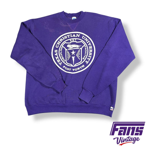 RARE - Vintage TCU crewneck sweater with oversized school seal “banned” retail logo graphic