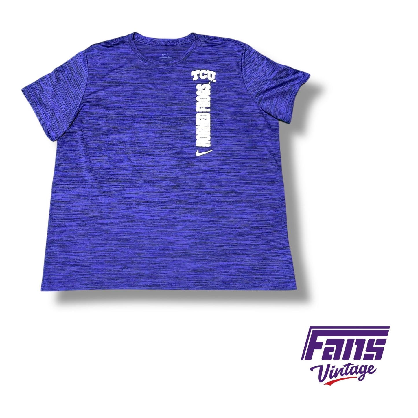 TCU Nike Heather Purple Tee with Vertical “Horned Frogs” Graphic