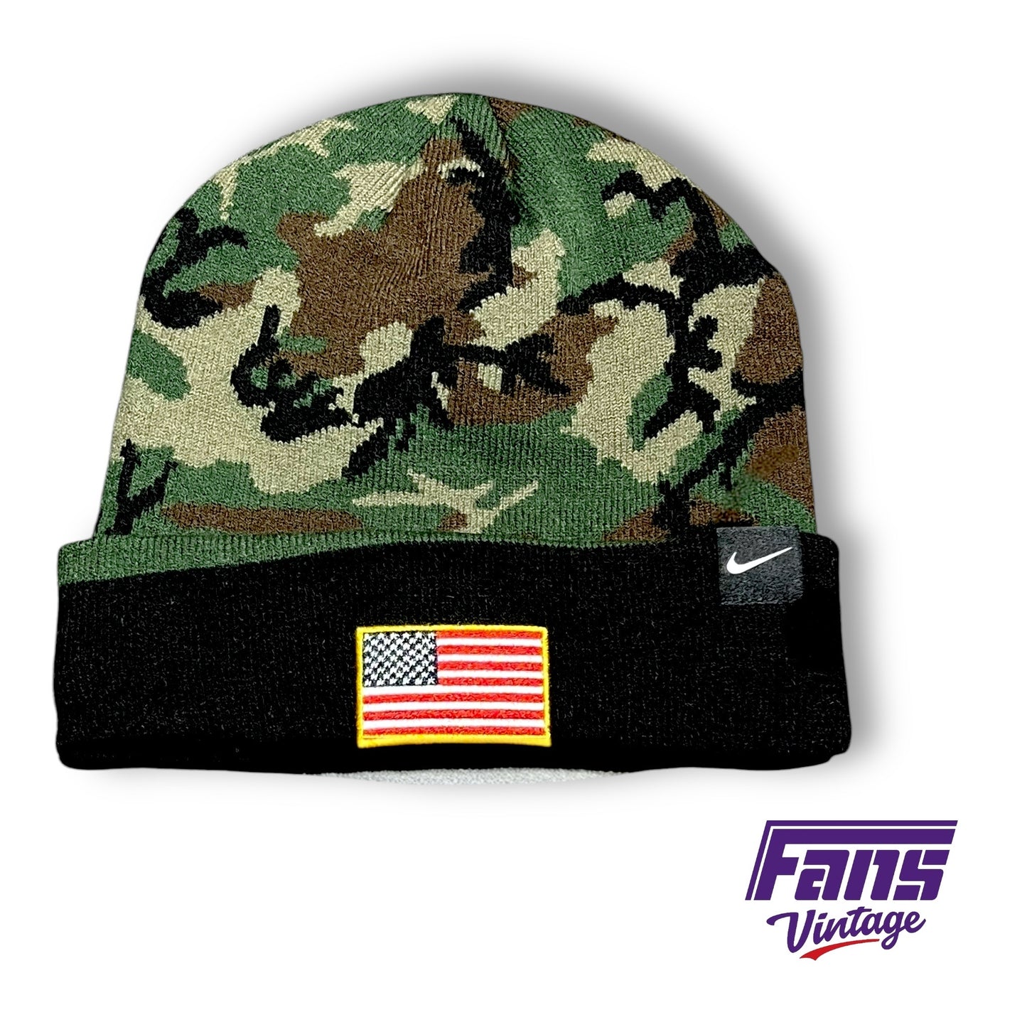 TCU Football Salute To Service Camo Sideline Beanie with Puff Embroidery and USA Flag Patch