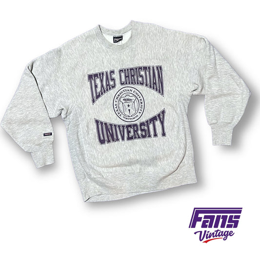 GRAIL! TCU Vintage Crewneck Sweater - Incredible Reverse Weave with RARE School Seal Logo!