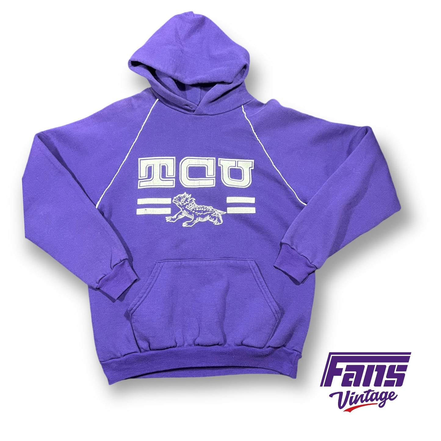 RARE - 1980s Vintage TCU Hoodie Sweatshirt with Centennial Font Logo and Throwback Frog - Piped Raglan Detailing!