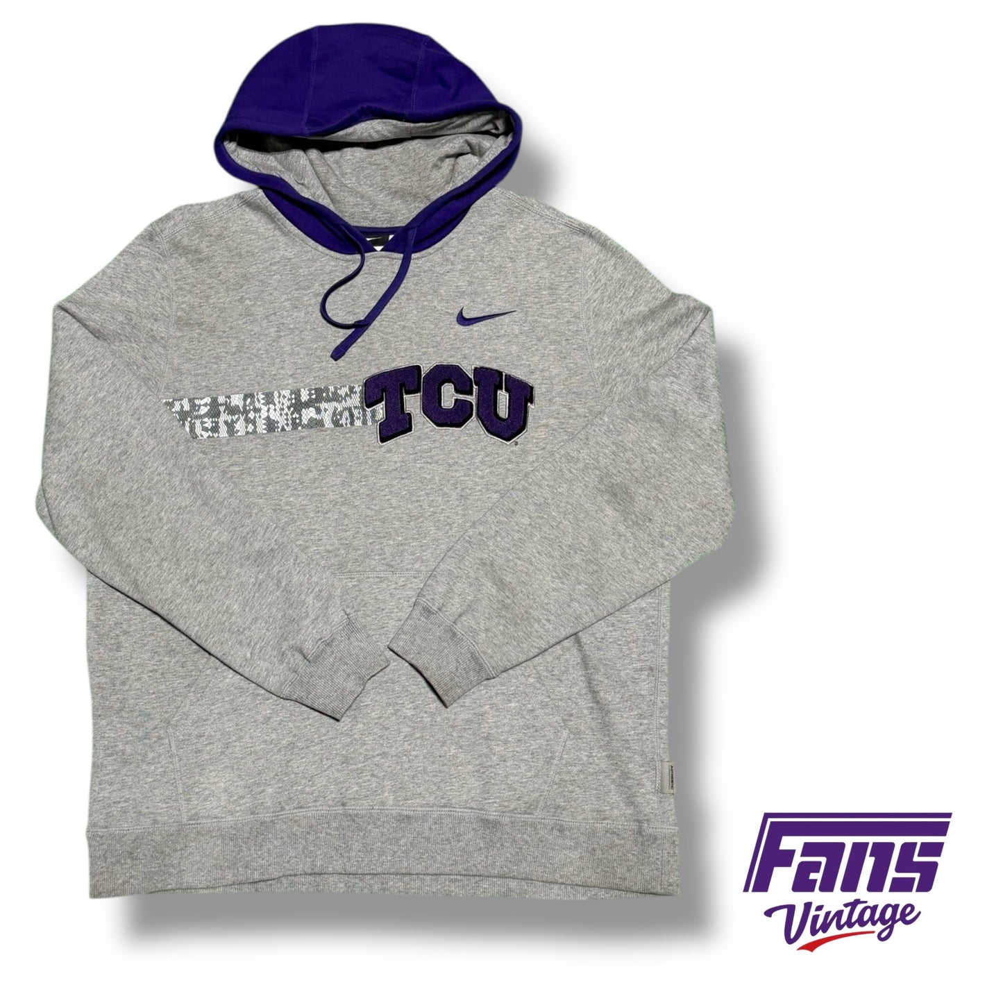 Sick TCU Vintage Y2K Era Nike Team Issue Hoodie with Frogskin Stripe and Raised Chenille Stitch TCU Patch Logo