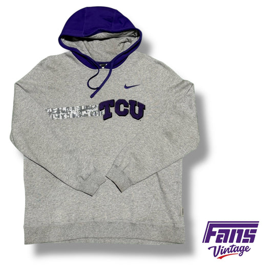 Sick TCU Vintage Y2K Era Nike Team Issue Hoodie with Frogskin Stripe and Raised Chenille Stitch TCU Patch Logo