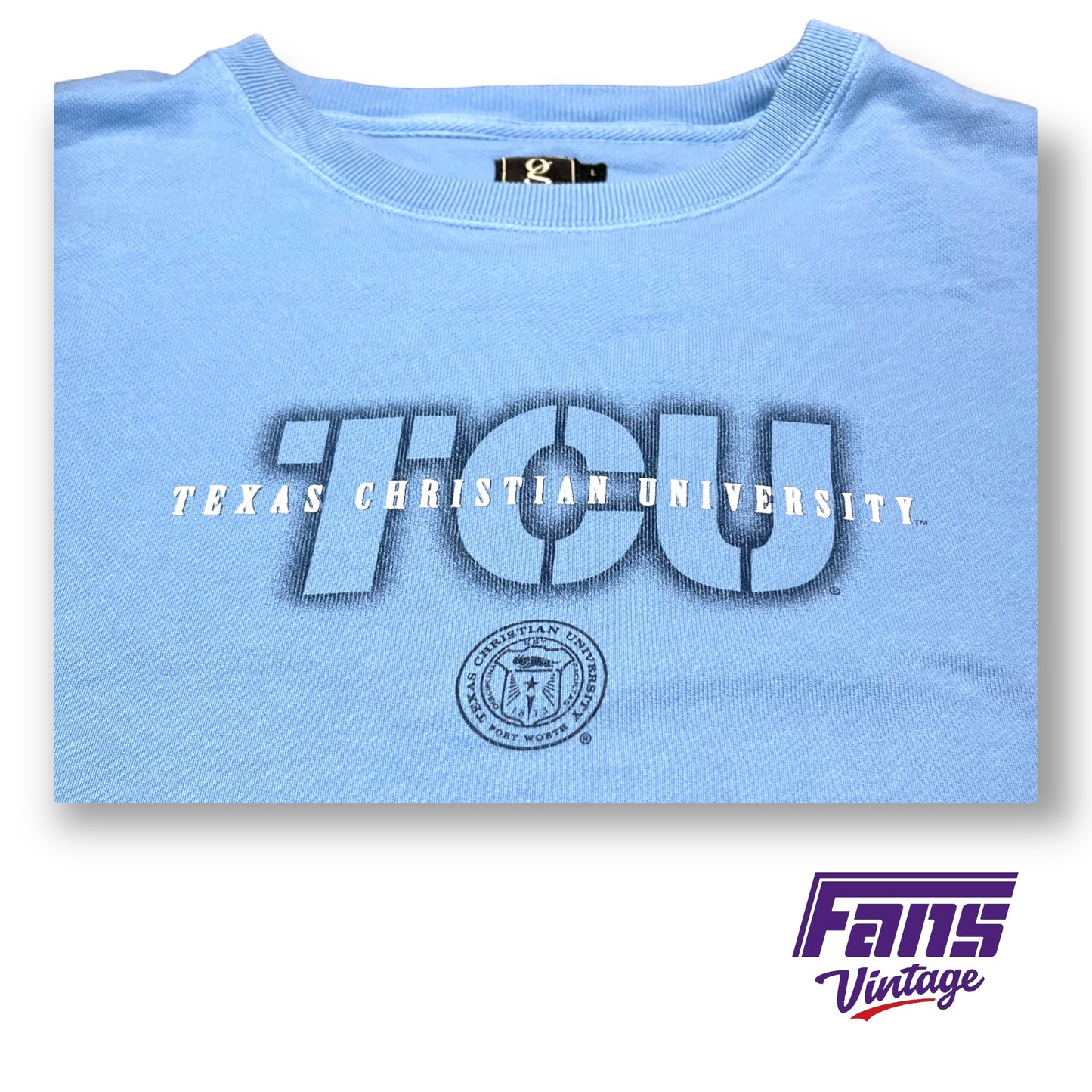 90s Vintage TCU Sweater - Rare Baby Blue with School Seal Logo