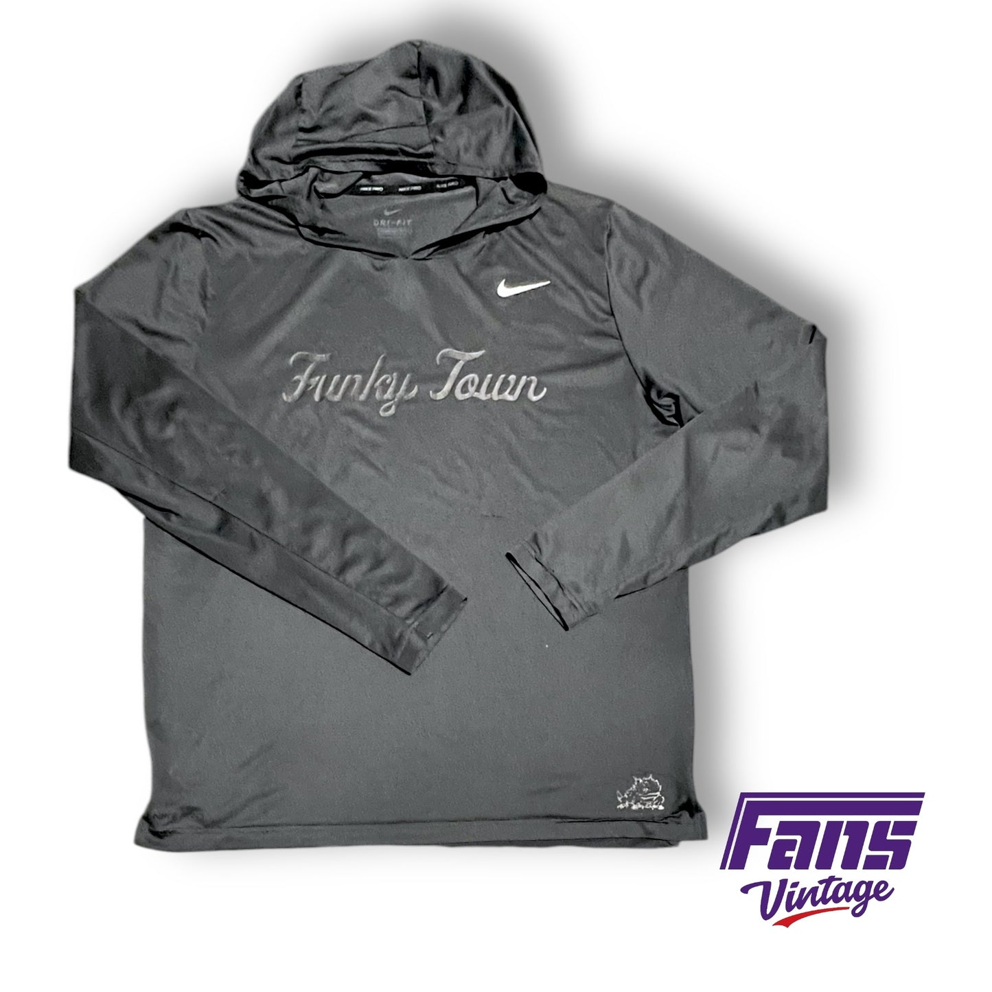 TCU Football Player Exclusive Nike Dri-Fit Lightweight UV Hoodie - Black Out “Funky Town” Logo - Team Issued