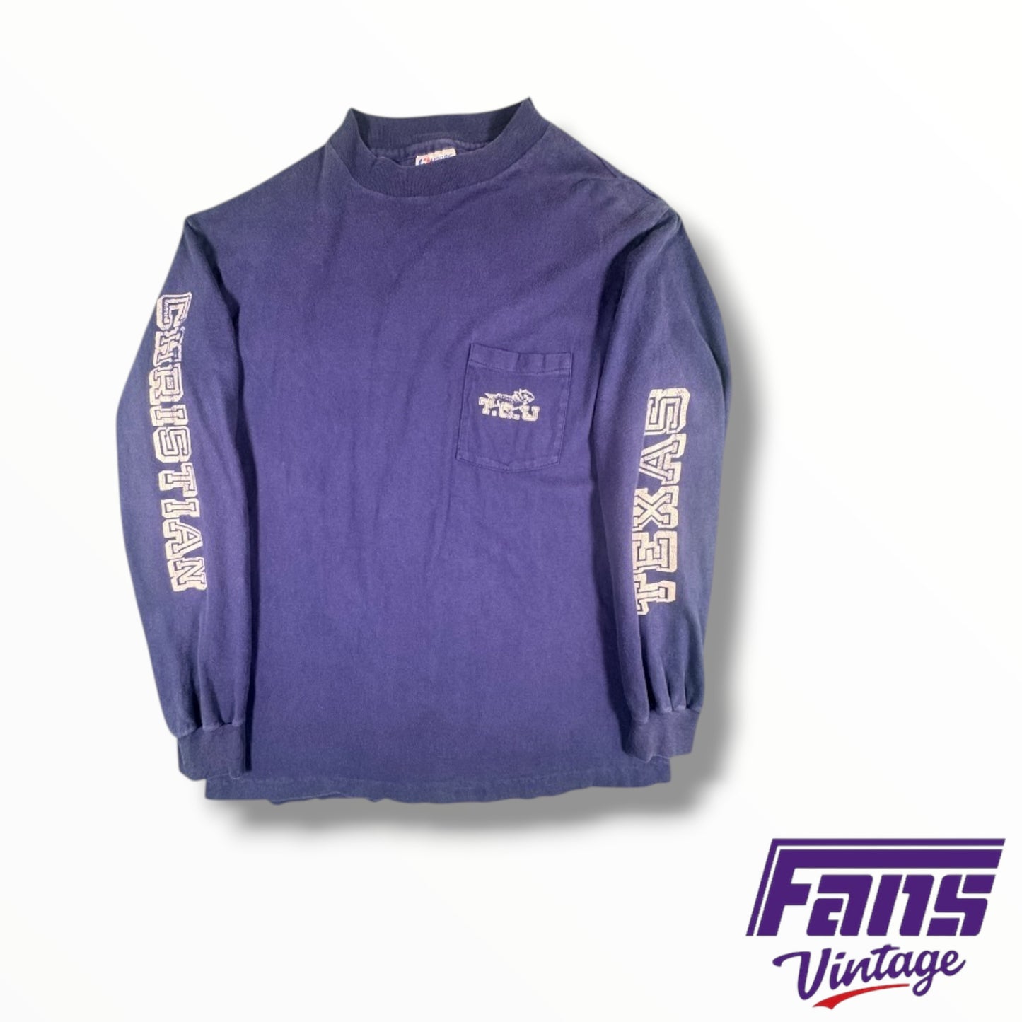 Vintage TCU Navy Long-Sleeve T-Shirt with Classic Horned Frog Logo