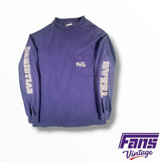 Vintage TCU Navy Long-Sleeve T-Shirt with Classic Horned Frog Logo