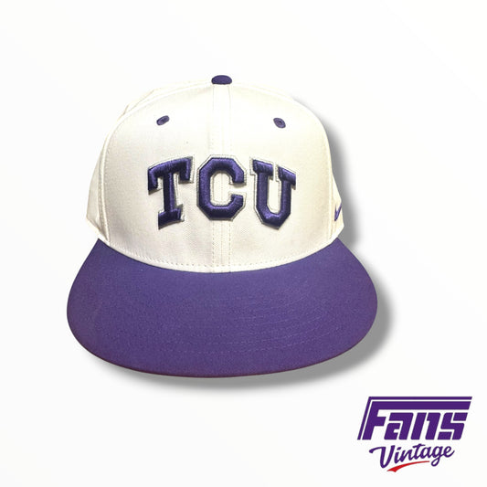 TCU Baseball Team-Issued Nike Baseball White and Purple Fitted Hat