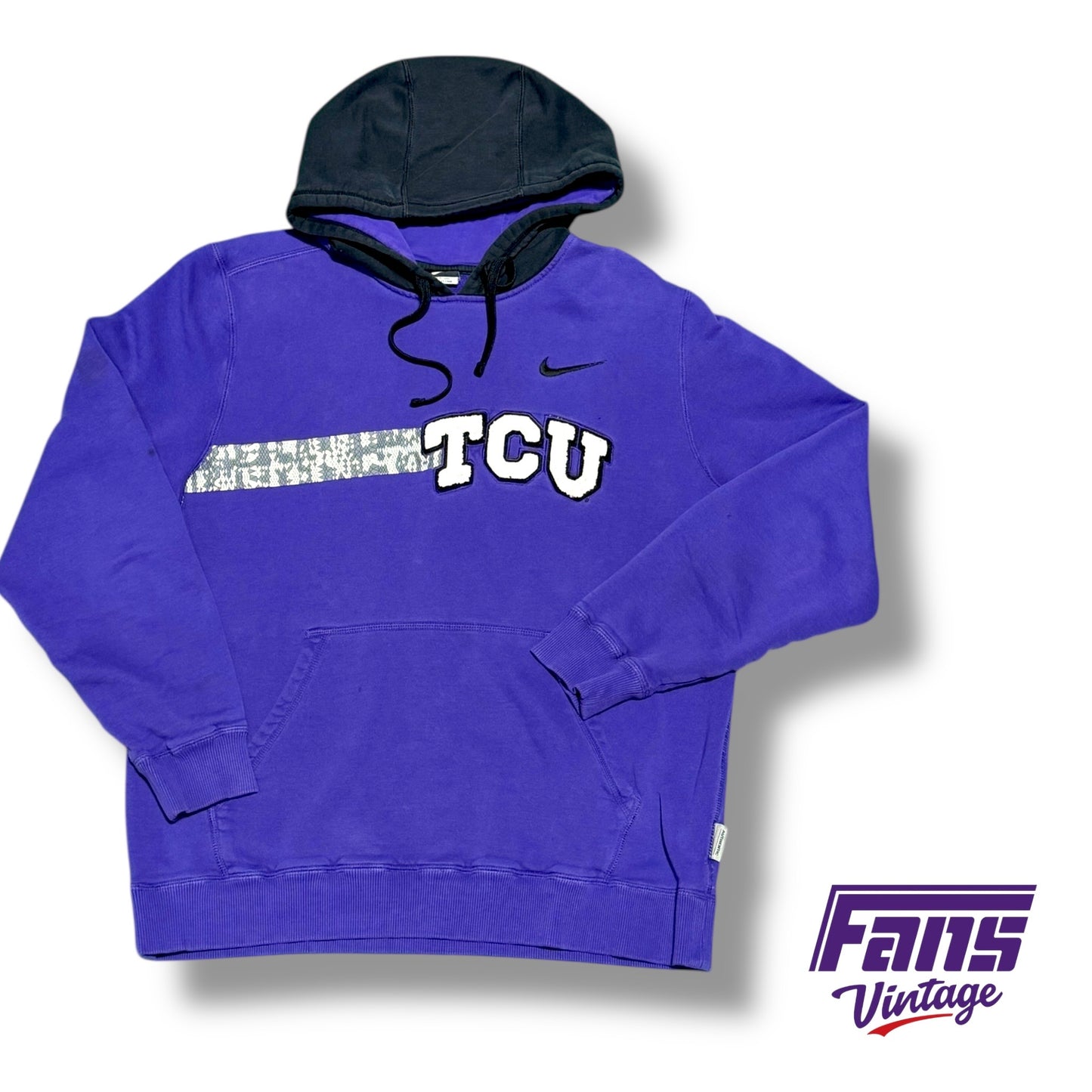 Sick Y2K Vintage Nike Team Issue Hoodie with Frogskin Stripe and Raised Chenille Stitch TCU Patch Logo