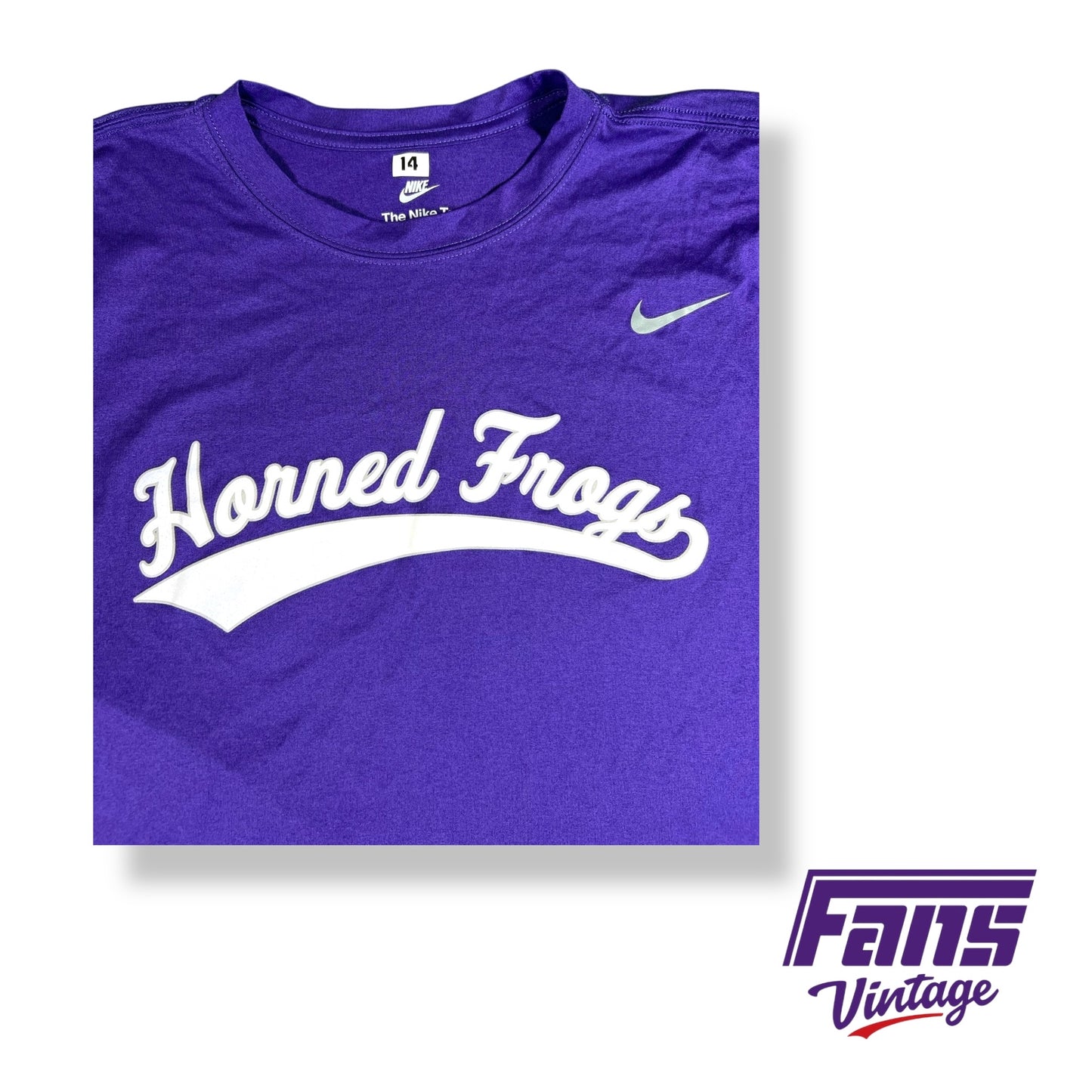 TCU Baseball Nike Team issued long sleeve shirt with “Horned Frogs” Retro script logo