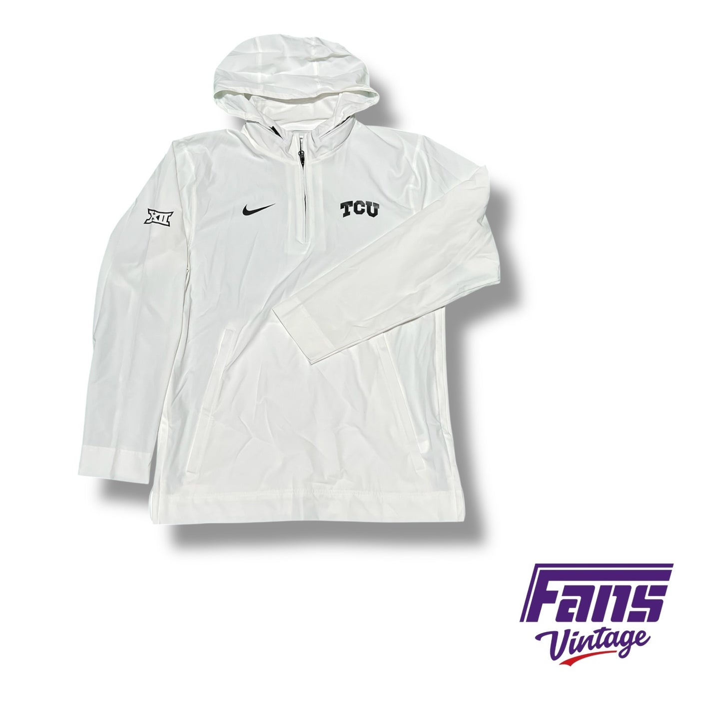 TCU Nike Team‑Issued White Quarter Zip pullover with Hideaway Hood