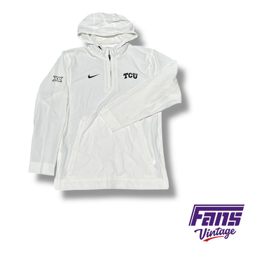 TCU Nike Team‑Issued White Quarter Zip pullover with Hideaway Hood