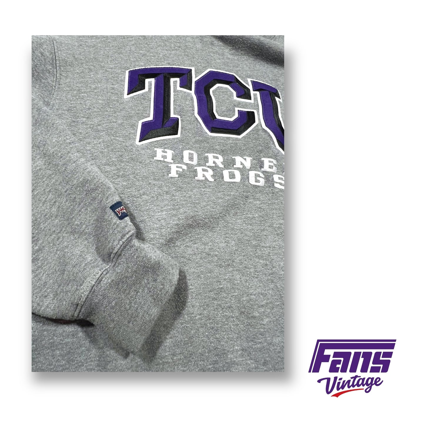 SICK Vintage TCU Crewneck Sweater with two tone shadowed jersey style satin stitch lettering!