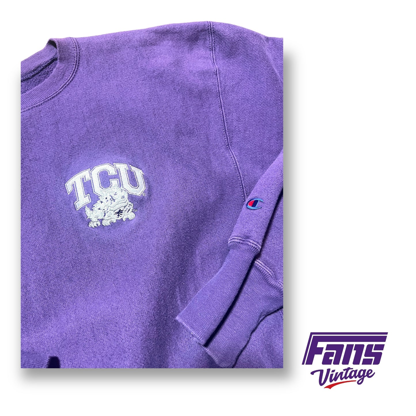 90s Vintage TCU Crewneck Sweater - Purple Champion Reverse Weave with unique embroidery!