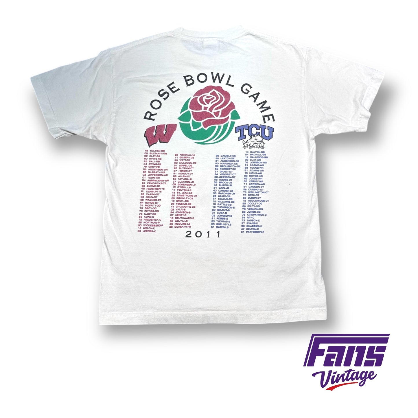 RARE TCU ROSE BOWL PRINT! Sick double sided vintage shirt with Ticket stub TCU vs Wisconsin Face Off Graphic