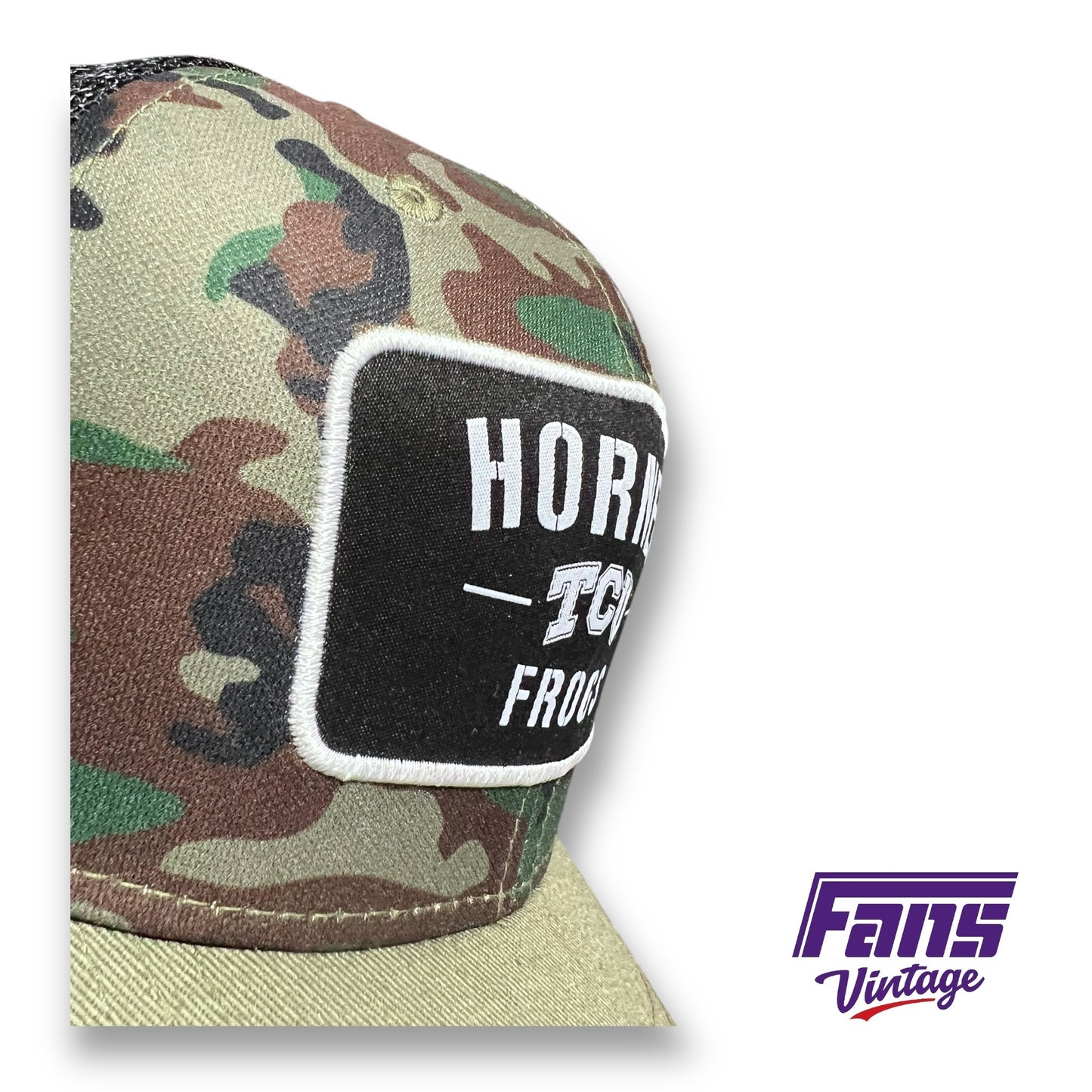TCU Horned Frogs Salute to Service Camo Trucker hat with USA Flag Patch