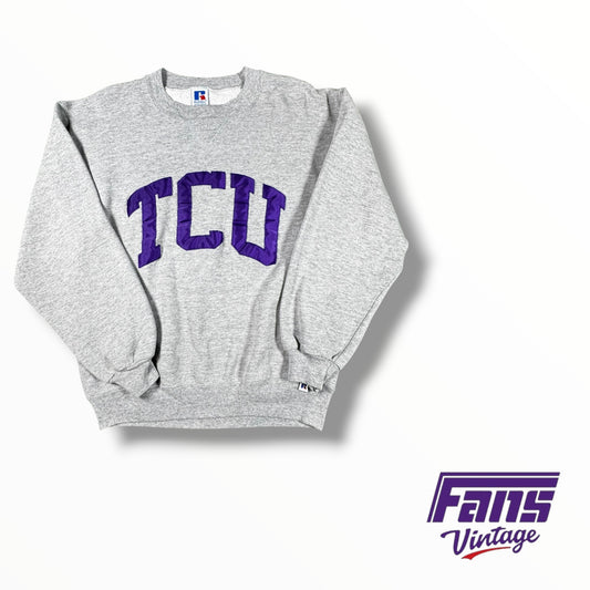 Vintage 90s TCU Crewneck with Jersey style letter patches and old school logo