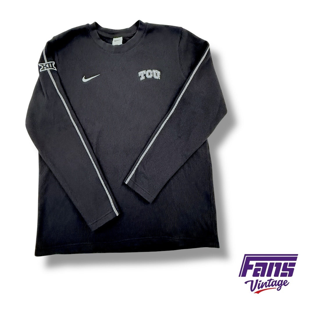TCU Team Issued Blackout Heavyweight Waffle Weave Premium Long Sleeve Pullover with Embroidered Logos