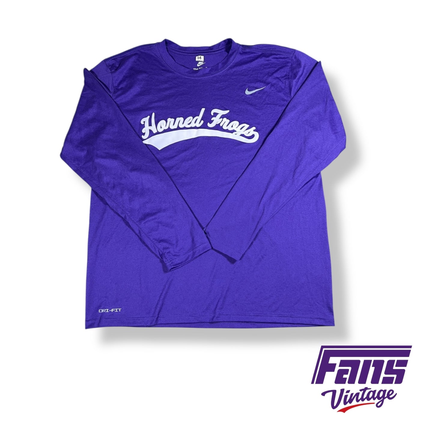 TCU Baseball Nike Team issued long sleeve shirt with “Horned Frogs” Retro script logo